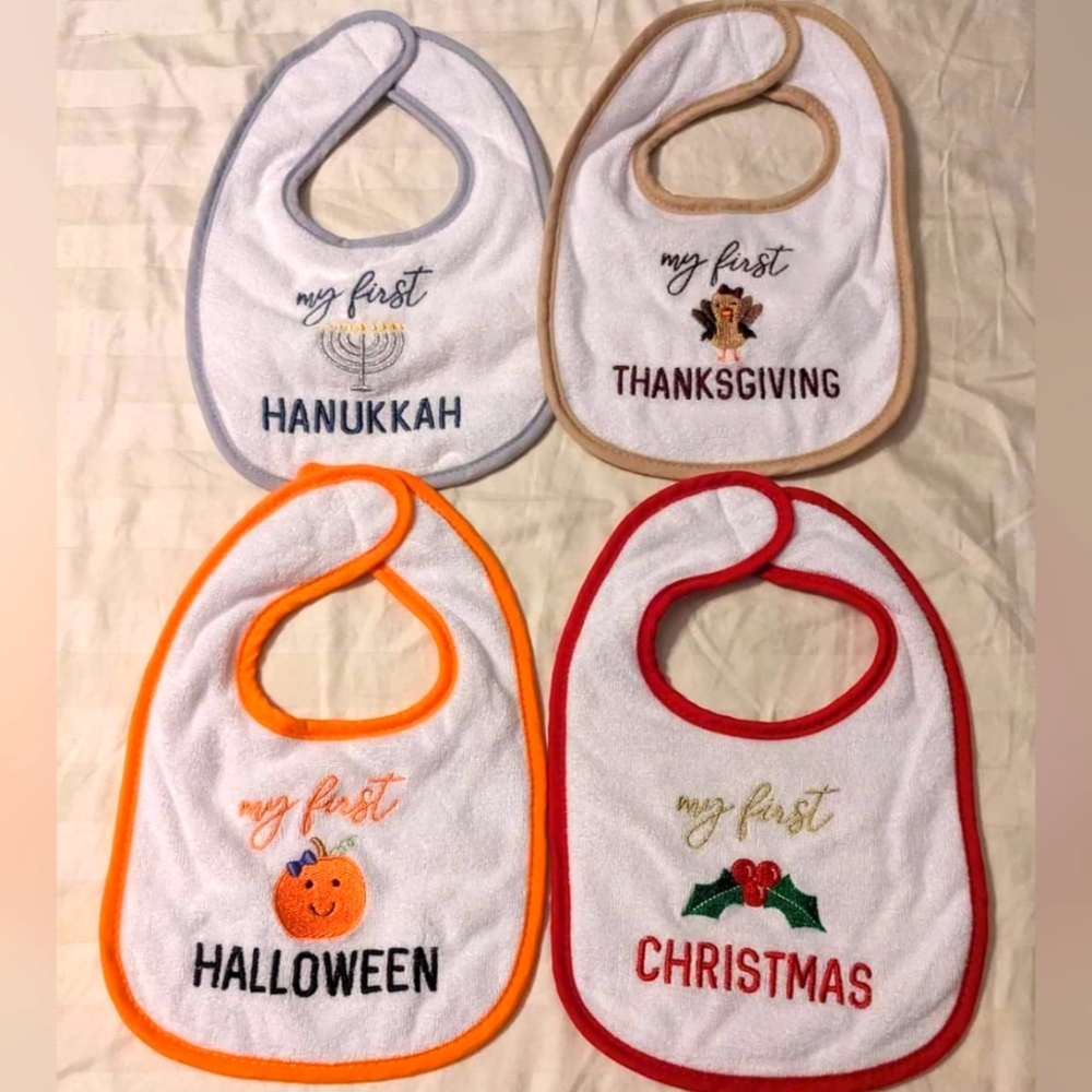 My First Holiday Bibs Bundle- Halloween, Thanksgiving, Hanukkah, and Christmas